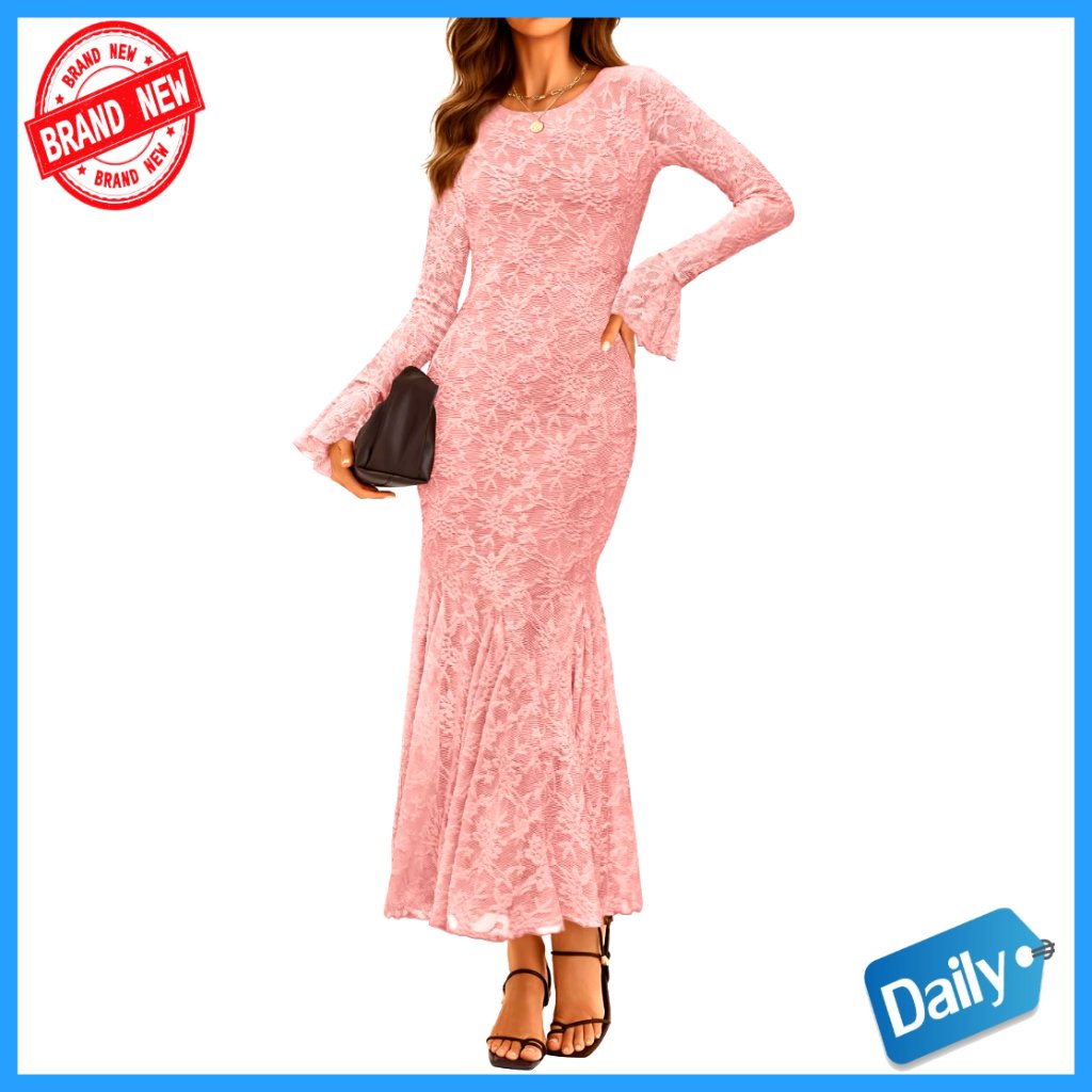 Long Sleeve Bodycon Maxi Dress Mermaid Hem Bell Sleeves Formal Party